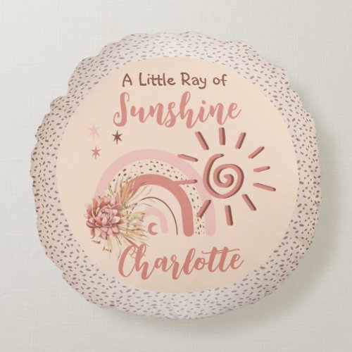 Cute Ray of Sunshine Girls Boho Rainbow Nursery Round Pillow