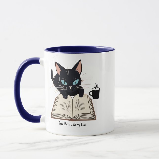 Cute Read More Worry Less, Cat Mom Motivational Mug (Left)