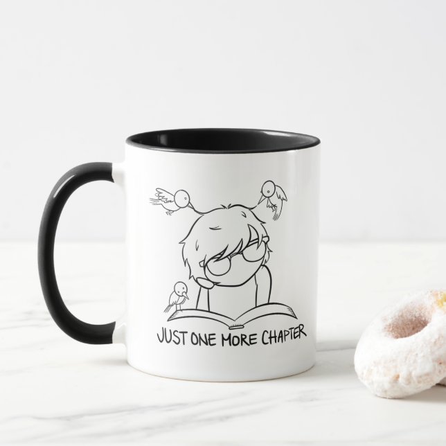 Cute Reader Reading with Birds Two-Toned Mug (With Donut)