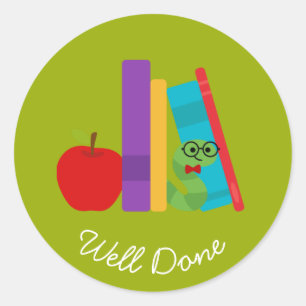 Cute reading bookworm well done teaching classic round sticker