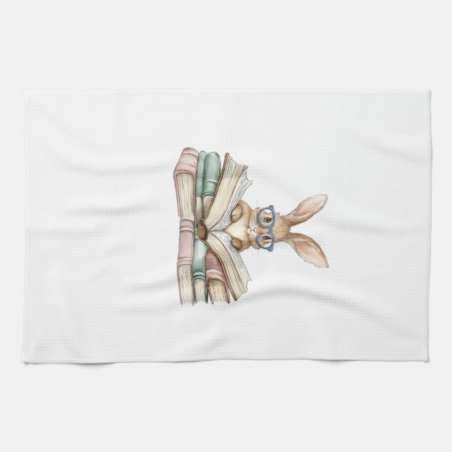 Cute Reading Bunny Glasses Books Bookworm Reader T Kitchen Towel (Horizontal)