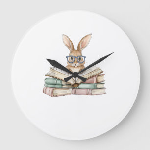 Cute Reading Bunny Glasses Books Bookworm Reader T Large Clock
