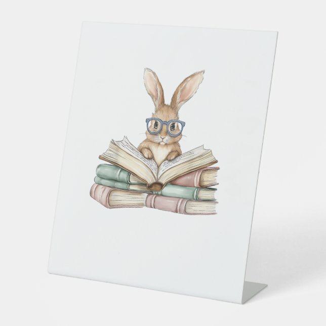 Cute Reading Bunny Glasses Books Bookworm Reader T Pedestal Sign (Front)