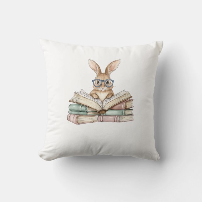 Cute Reading Bunny Glasses Books Bookworm Reader T Throw Pillow (Front)