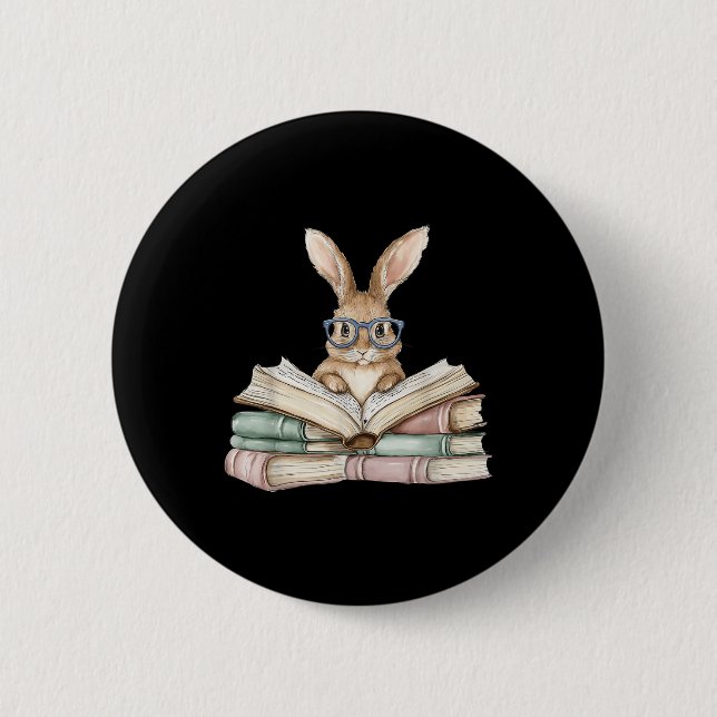 Cute Reading Bunny Gles Books Bookworm Reader Teac Button (Front)