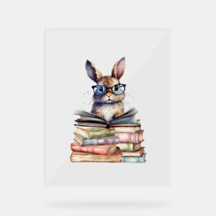 Cute Reading Bunny With Glasses Books Bookworm Rea Acrylic Sign