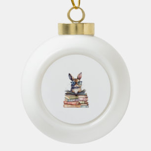 Cute Reading Bunny With Glasses Books Bookworm Rea Ceramic Ball Christmas Ornament