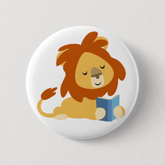 Cute Reading Cartoon Lion Button Badge (Front)