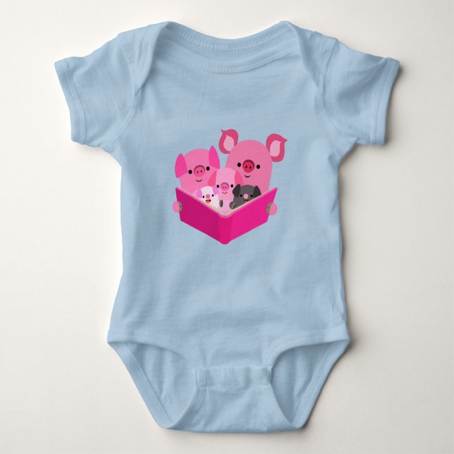 Cute Reading Cartoon Pig Family Baby Bodysuit (Front)