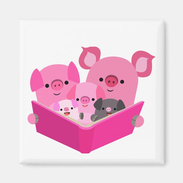 Cute Reading Cartoon Pig Family Magnet (Front)