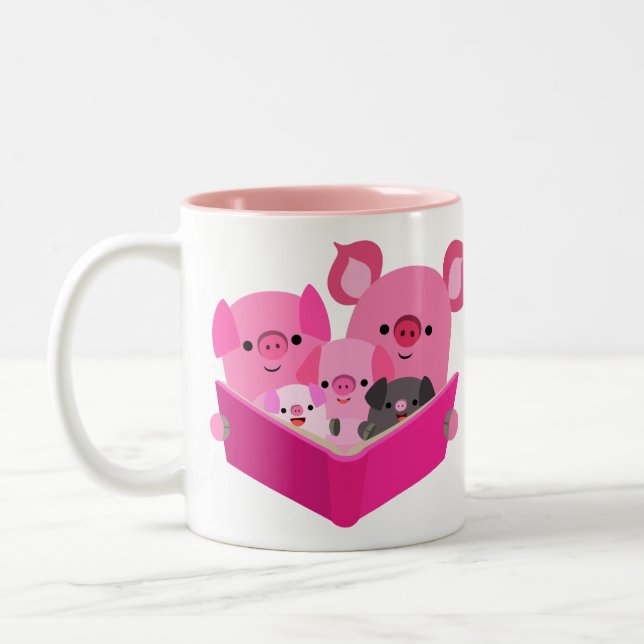 Cute Reading Cartoon Pig Family Mug (Left)