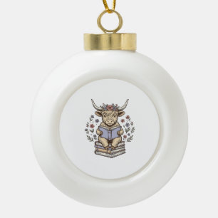 Cute Reading Cow Floral Book Stack Vintage Design_ Ceramic Ball Christmas Ornament