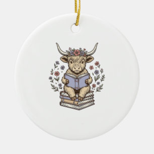 Cute Reading Cow Floral Book Stack Vintage Design_ Ceramic Ornament