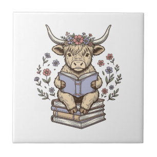 Cute Reading Cow Floral Book Stack Vintage Design_ Ceramic Tile