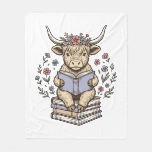 Cute Reading Cow Floral Book Stack Vintage Design_ Fleece Blanket