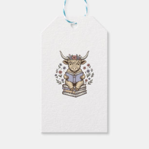 Cute Reading Cow Floral Book Stack Vintage Design_ Gift Tags