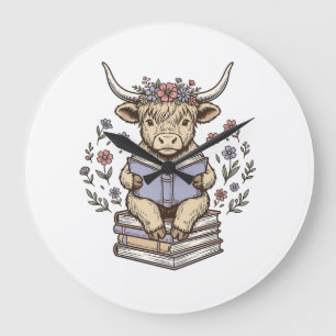 Cute Reading Cow Floral Book Stack Vintage Design_ Large Clock