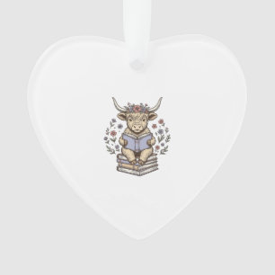 Cute Reading Cow Floral Book Stack Vintage Design_ Ornament