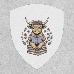 Cute Reading Cow Floral Book Stack Vintage Design_ Patch