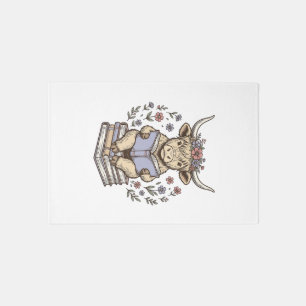 Cute Reading Cow Floral Book Stack Vintage Design_ Rug