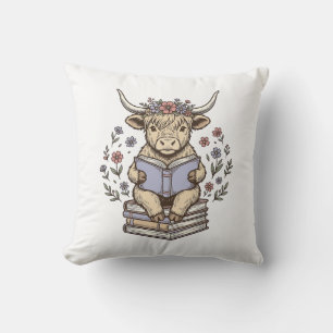Cute Reading Cow Floral Book Stack Vintage Design_ Throw Pillow