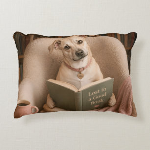 Cute Reading Dog Watercolor Library Illustration Accent Pillow
