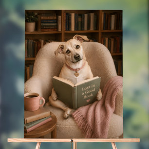 Cute Reading Dog Watercolor Library Illustration Acrylic Sign