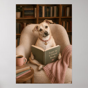 Cute Reading Dog Watercolor Library Illustration Poster