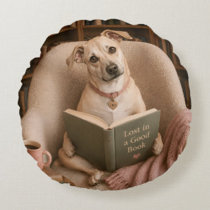 Cute Reading Dog Watercolor Library Illustration Round Pillow