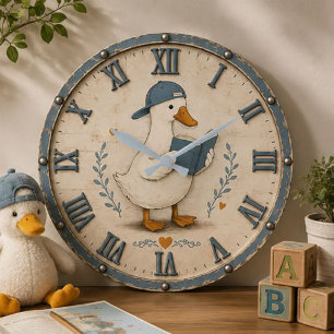 Cute Reading Duck Book Lover Whimsical Nursery Large Clock