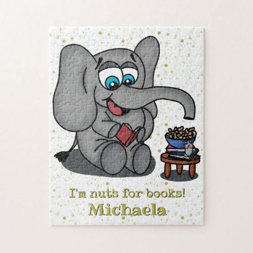 Cute Reading Elephant Book Lover Cartoon Jigsaw Puzzle