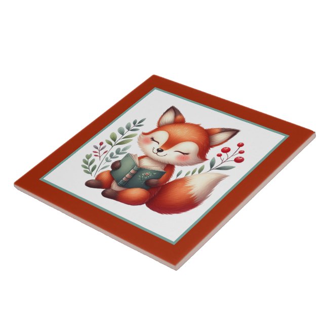 Cute reading lovers book nook fox library  ceramic tile (Side)