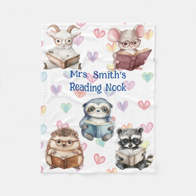 Cute "Reading Nook" watercolor animals custom Fleece Blanket (Front)
