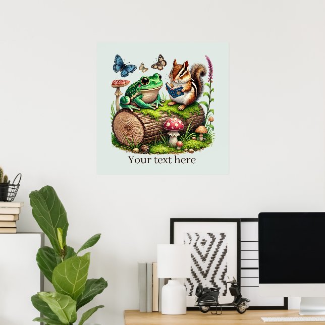 Cute reading nook woodland animals customizable poster (Home Office)