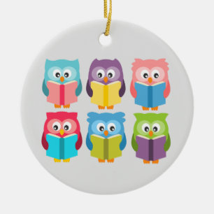 Cute reading owls ceramic ornament
