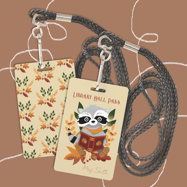 Cute Reading Raccoon Library Hall Pass Badge (Cute reading raccoon elementary school library hall pass badge . )