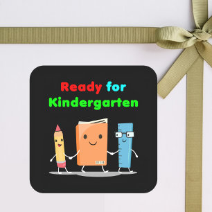Cute Ready for Kindergarten School Book Dark Color Square Sticker