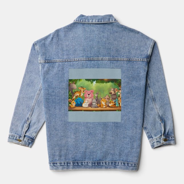 Cute Realistic Cartoon Animals Around Blank Forest Denim Jacket (Back)