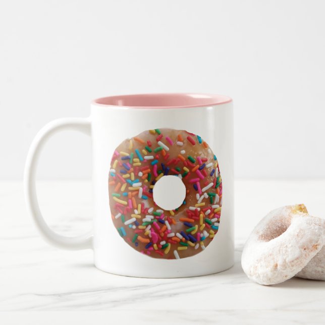 Cute Realistic Donut Sprinkles Pink Two-Tone Coffee Mug (With Donut)