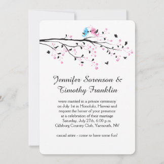 Cute Reception Only Lovebirds Blossoms Butterflies Invitation