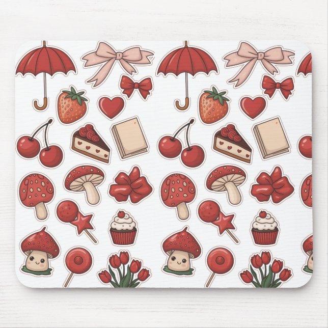 Cute Red Aesthetic Mushroom Strawberry Dessert Pat Mouse Pad (Front)