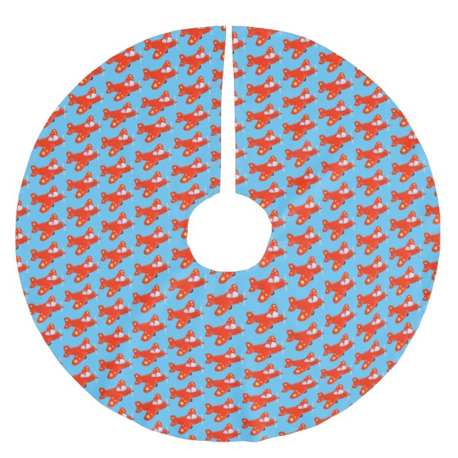 Cute red airplane flying cartoon illustration brushed polyester tree skirt (Front)