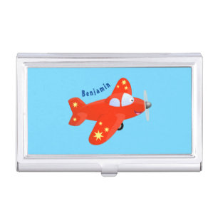 Cute red airplane flying cartoon illustration business card case