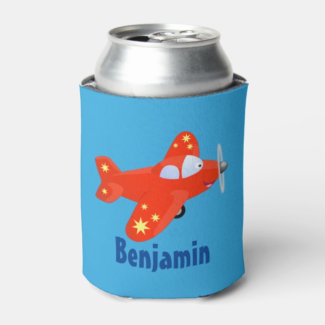 Cute red airplane flying cartoon illustration can cooler (Can Front)