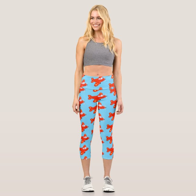Cute red airplane flying cartoon illustration capri leggings (Front)