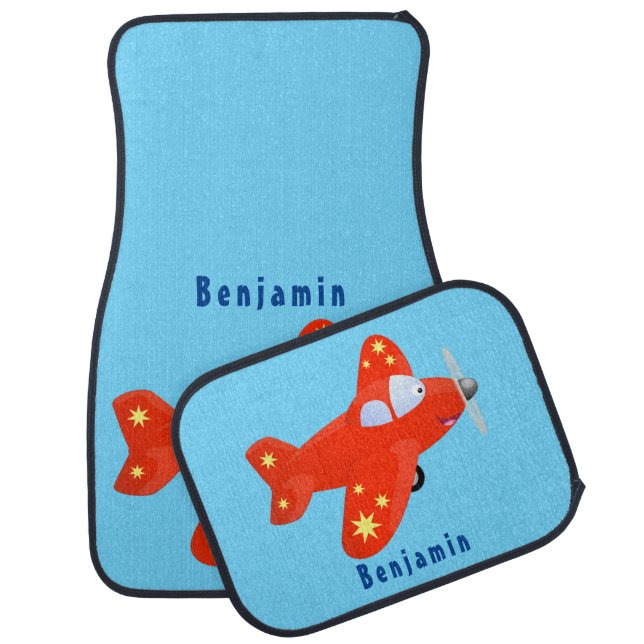 Cute red airplane flying cartoon illustration  car floor mat (Set)