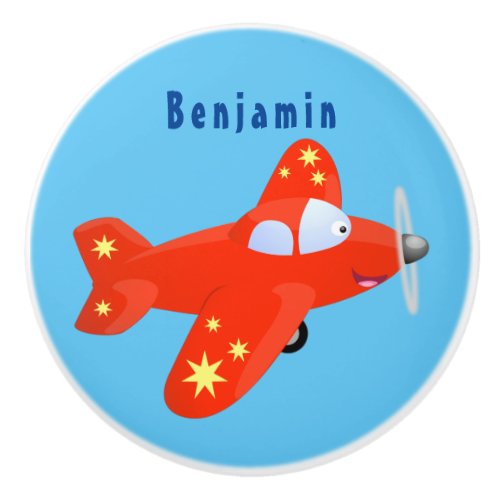 Cute red airplane flying cartoon illustration ceramic knob