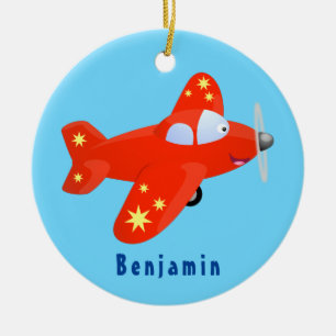 Cute red airplane flying cartoon illustration ceramic ornament
