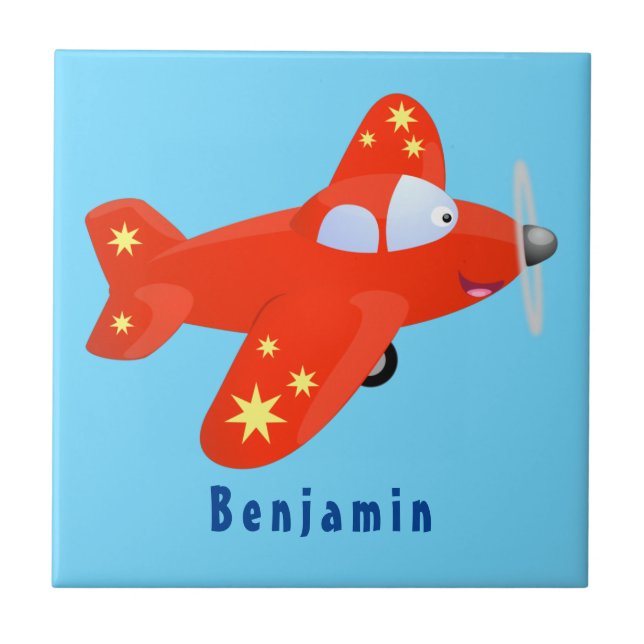 Cute red airplane flying cartoon illustration ceramic tile (Front)