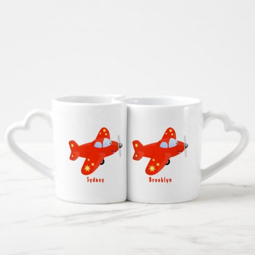 Cute red airplane flying cartoon illustration coffee mug set